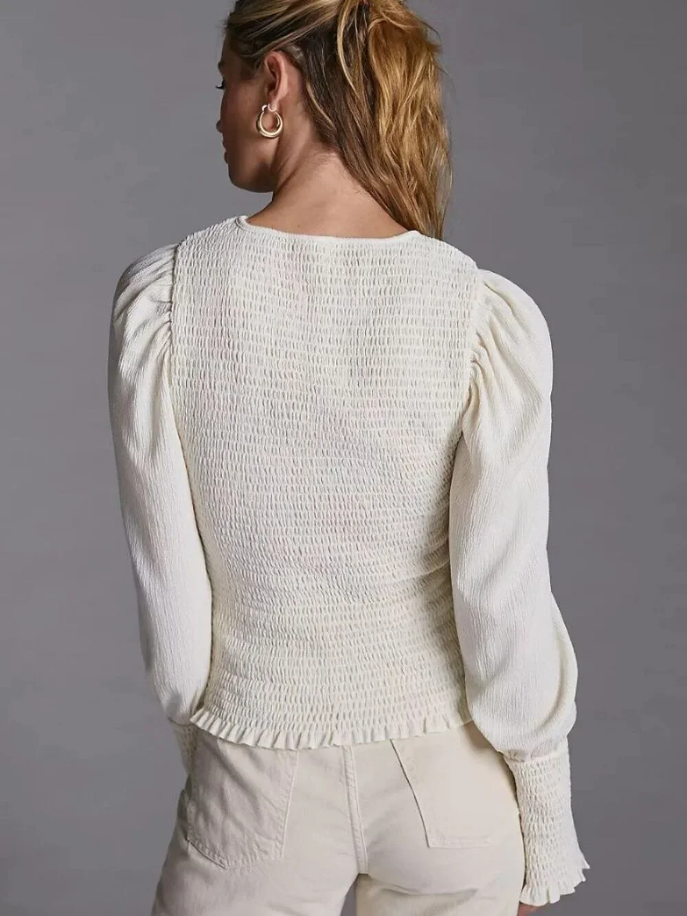 By Anthropologie Women's Size XL Ivory Cream Smocked Long Puff Sleeve Blouse Top